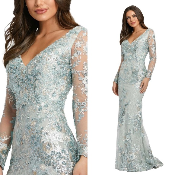 NWT Mac Duggal 67539 Embellished V Neck Illusion Long Sleeve Gown Size 10 - Picture 1 of 5